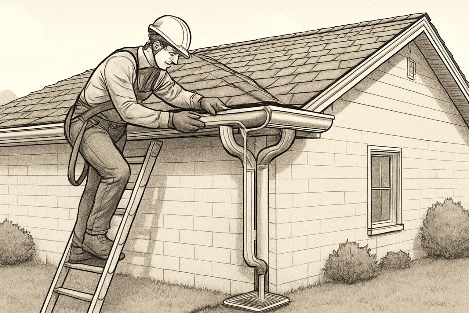 A roof inspector examining gutters and downspouts on a house roof with water flowing through the drainage system.