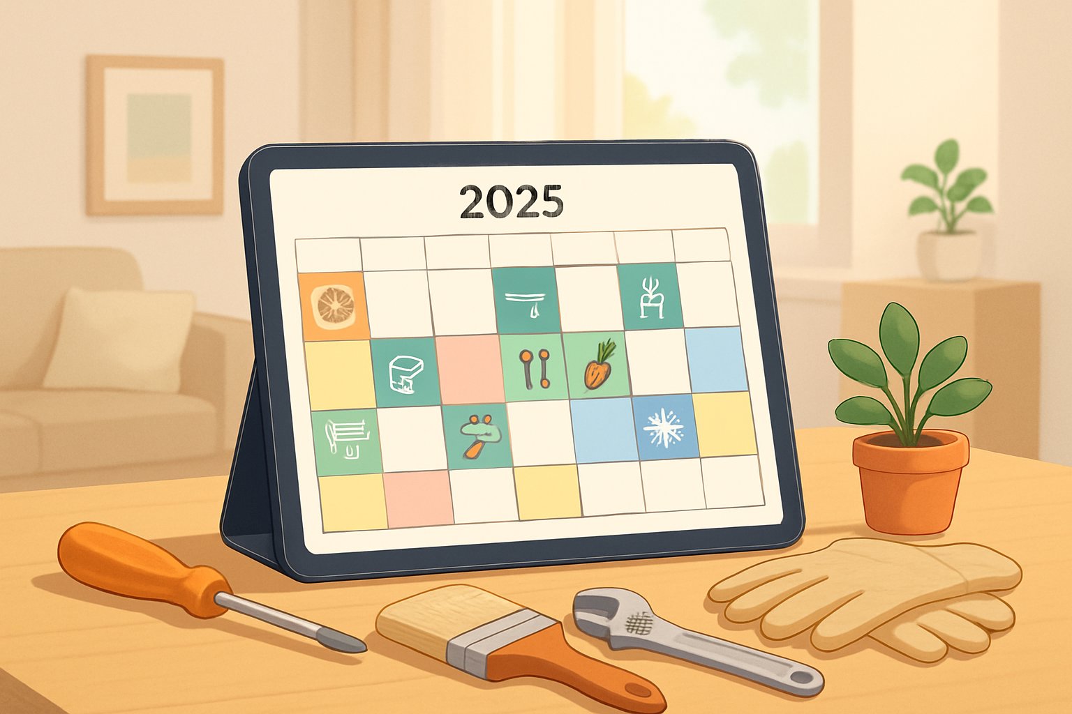 A modern workspace showing a digital calendar with home maintenance icons and tools arranged neatly around it in a bright, cozy home setting.