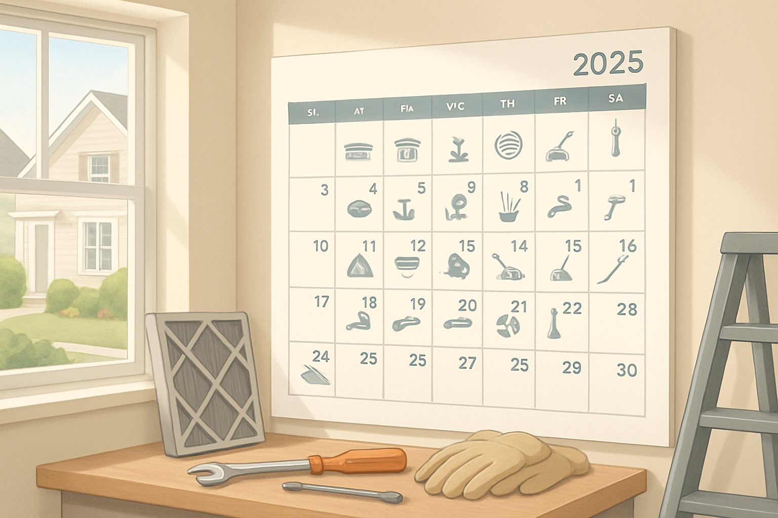 A modern home interior with a large wall calendar showing monthly home maintenance tasks, surrounded by tools and a view of a well-kept garden outside.