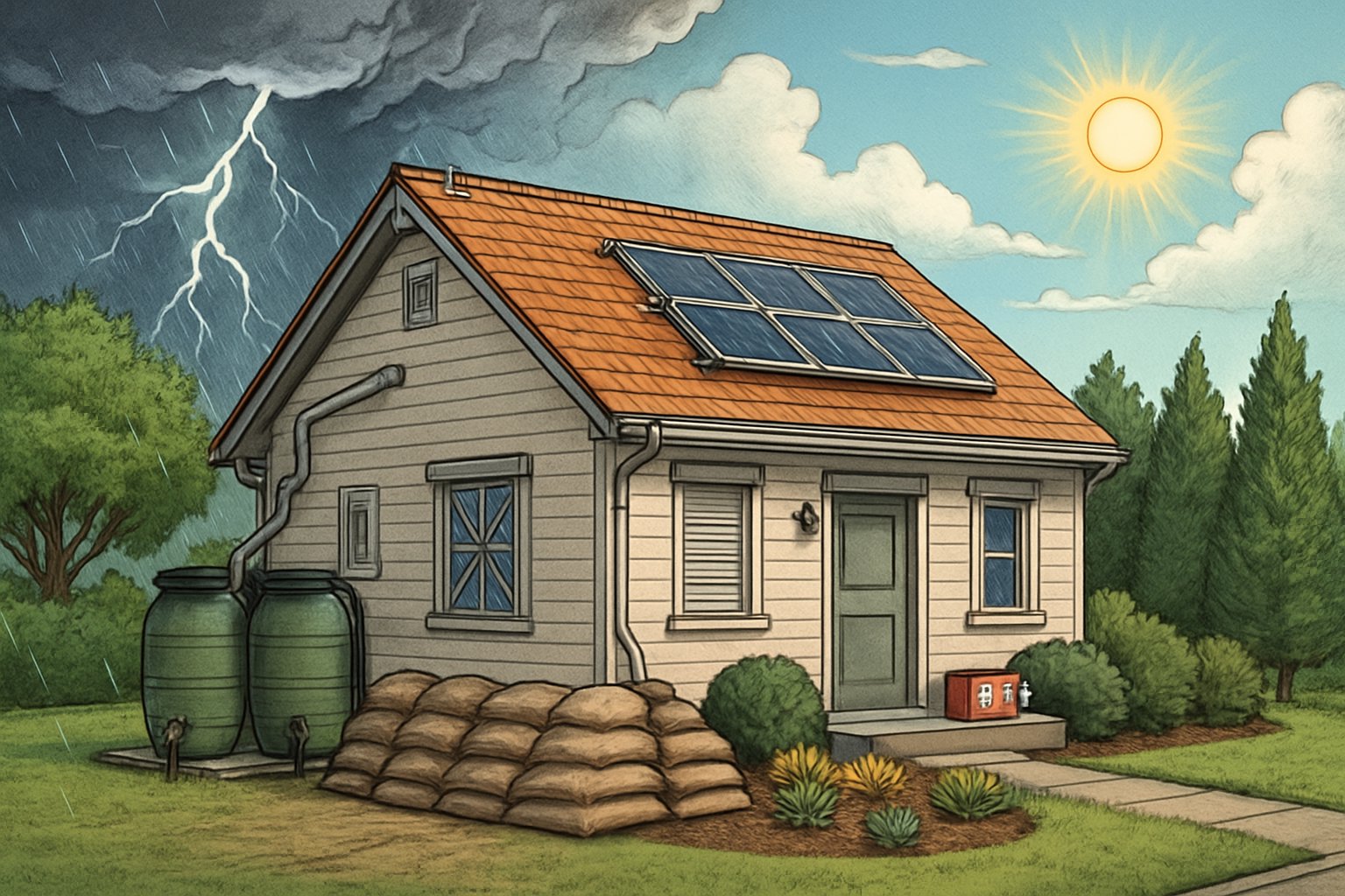 A suburban house equipped with storm shutters, sandbags, rainwater barrels, solar panels, and surrounded by protective trees under a sky showing both stormy and clear weather.