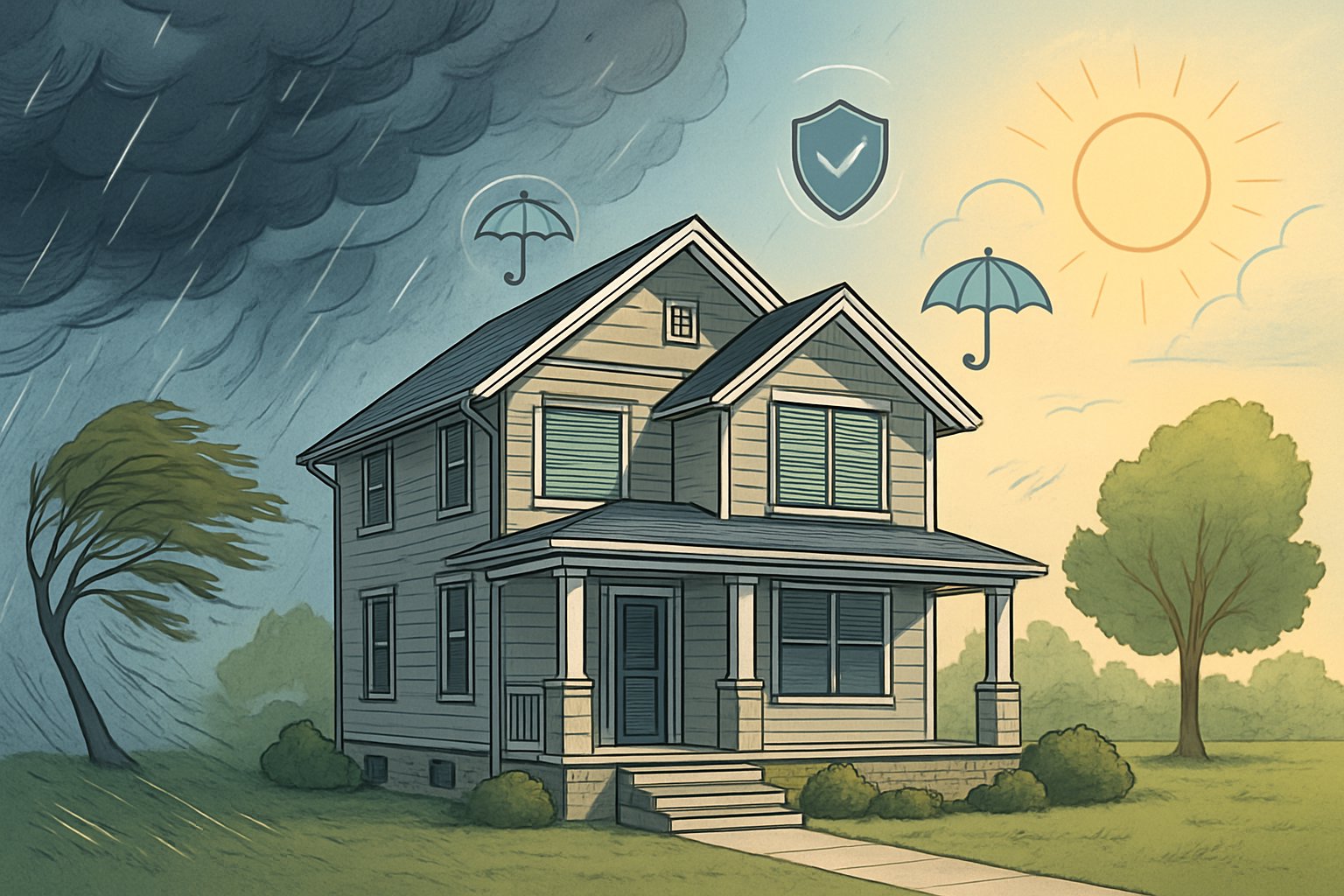 A house protected from stormy weather with dark clouds and rain on one side and calm sunlight on the other, surrounded by symbols of protection.